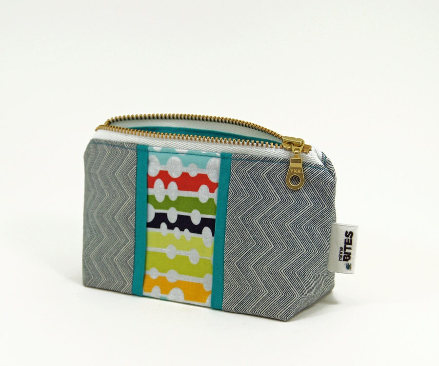 Small Zip Pouch by MinneBites / Handmade Retro Gray Accessory Bag - Travel Cosmetic Case - Zipper Pouch - Travel Jewelry Bag, ready to ship