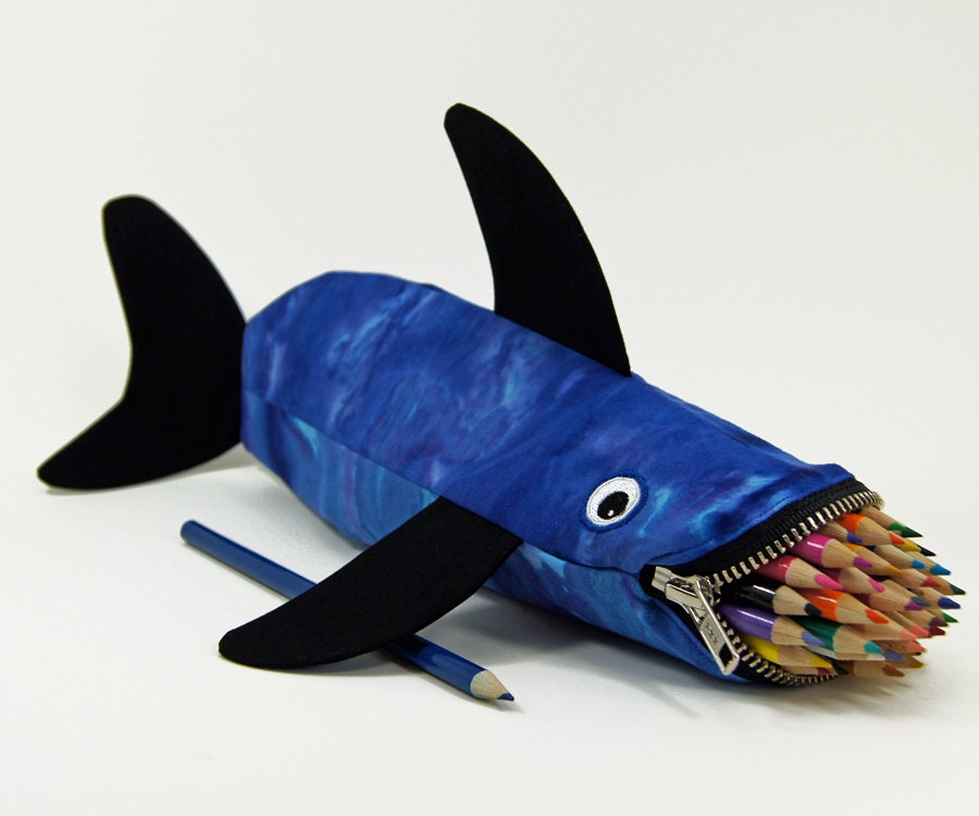 Shark Pencil Bag by MinneBites / Handmade Pencil Case - Toy Bag - Boys Gift - Tie Dyed Blue - Fish Bag - Kids Art Storage, ready to ship