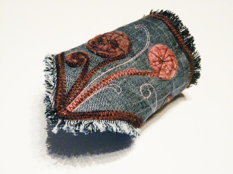 Boho hippie jeans cuff textile bracelet pink white bohemian styles asymmetrical fiber cuff upcycled bracelet