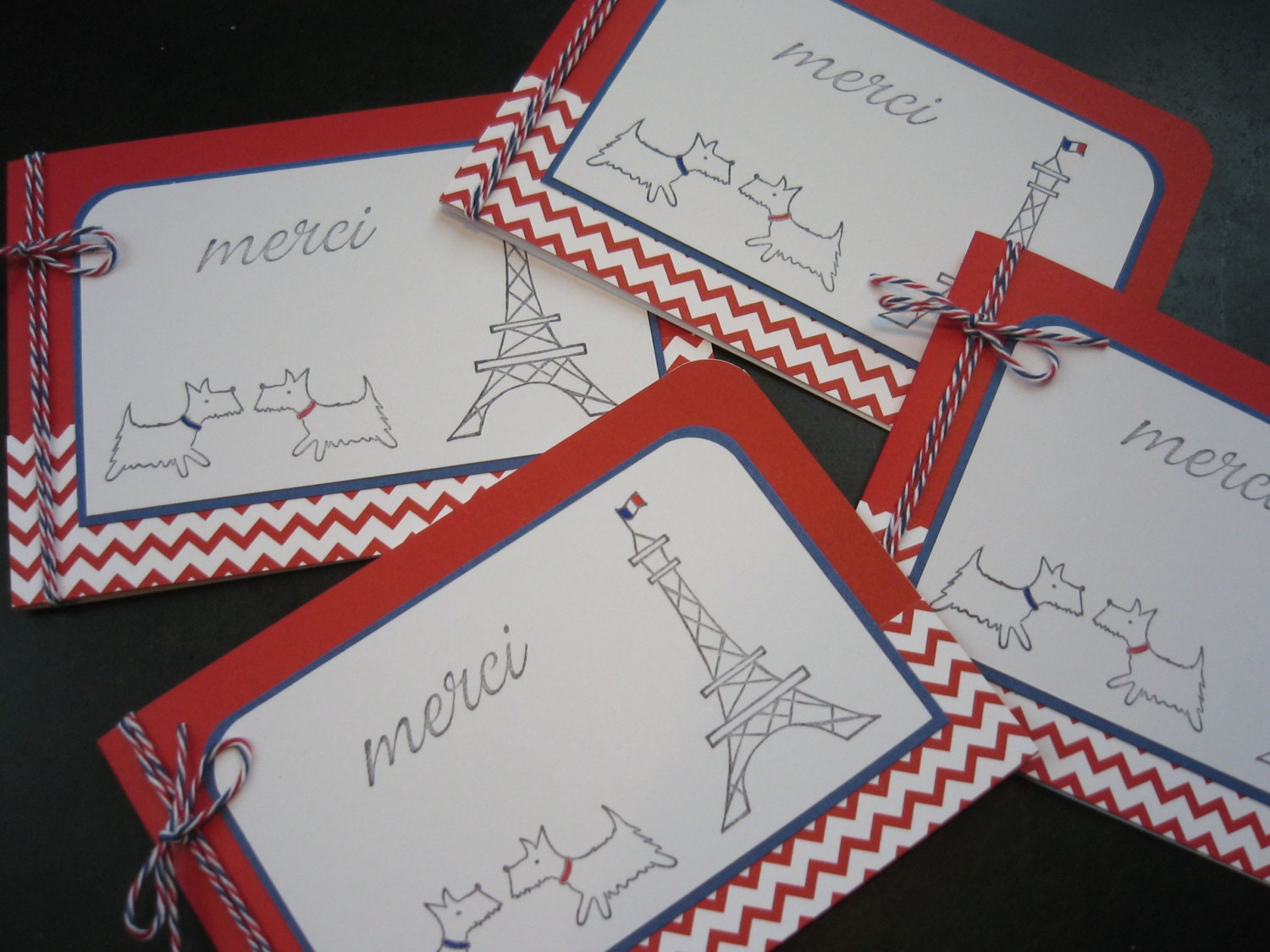 Merci Thank You Cards Set of 4 Paris France Dog Lover Westie Eiffel Tower