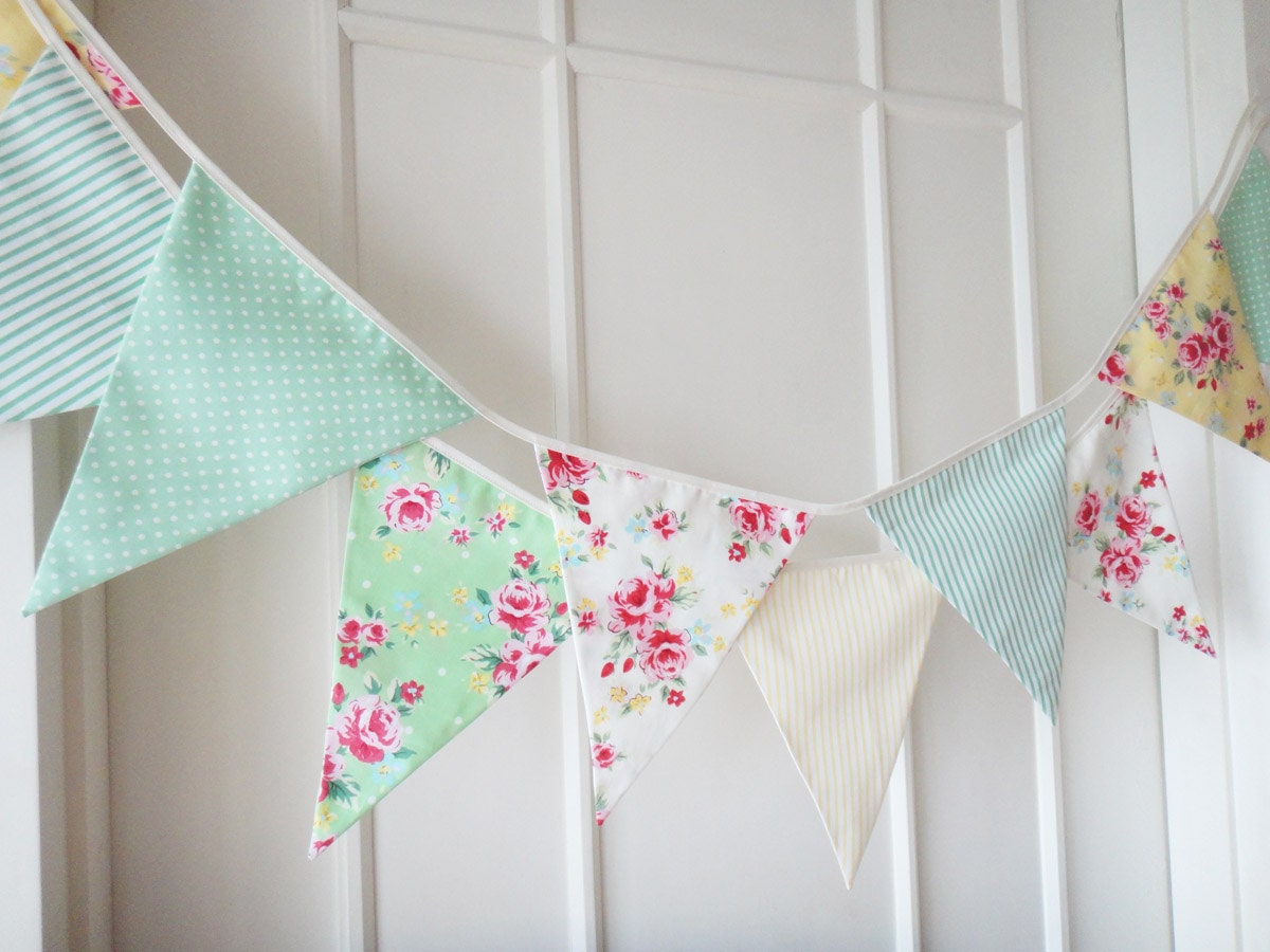 Spring Time Bunting, Fabric Banners, Wedding Bunting, Floral, Roses, Polka Dots, Pastel Yellow and Green Shade - 3 yards