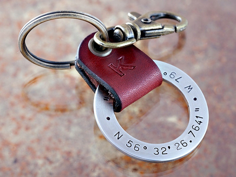 Latitude Longitude GPS Key Chain - Personalized Key Chain - Stainless Steel w/ Leather