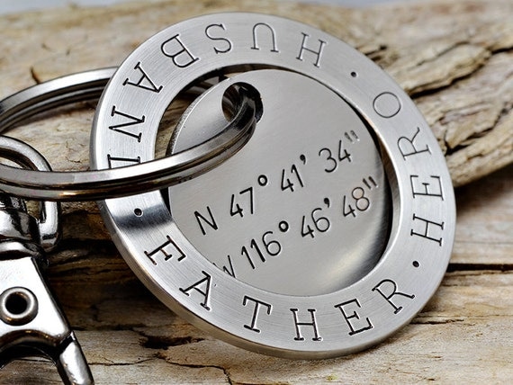 Personalized Dad Keychain - Fathers Day Keychain - HUSBAND. FATHER. HERO - Gps Key Chain