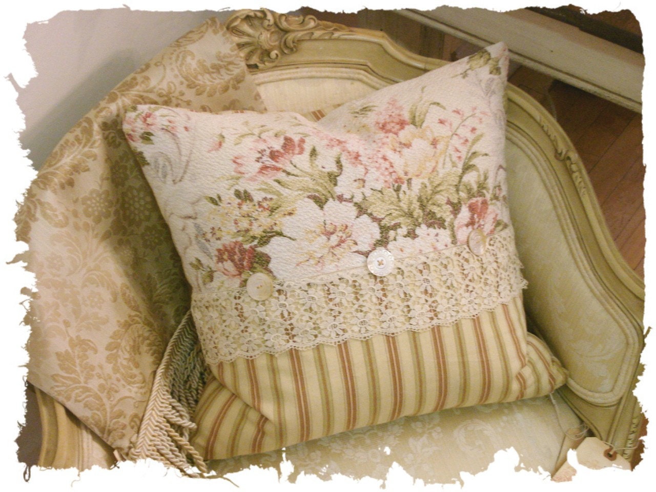 Romantic 1930s English Cabbage Rose Bouquet Vintage Barkcloth Fabric Pillow