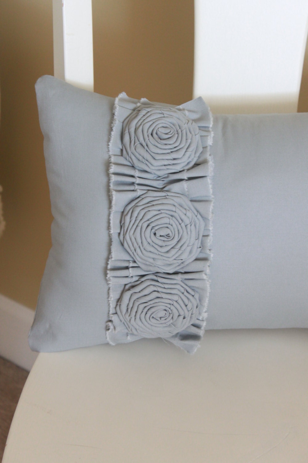 Light Gray Shabby Chic pillow with Ruffle and Roses