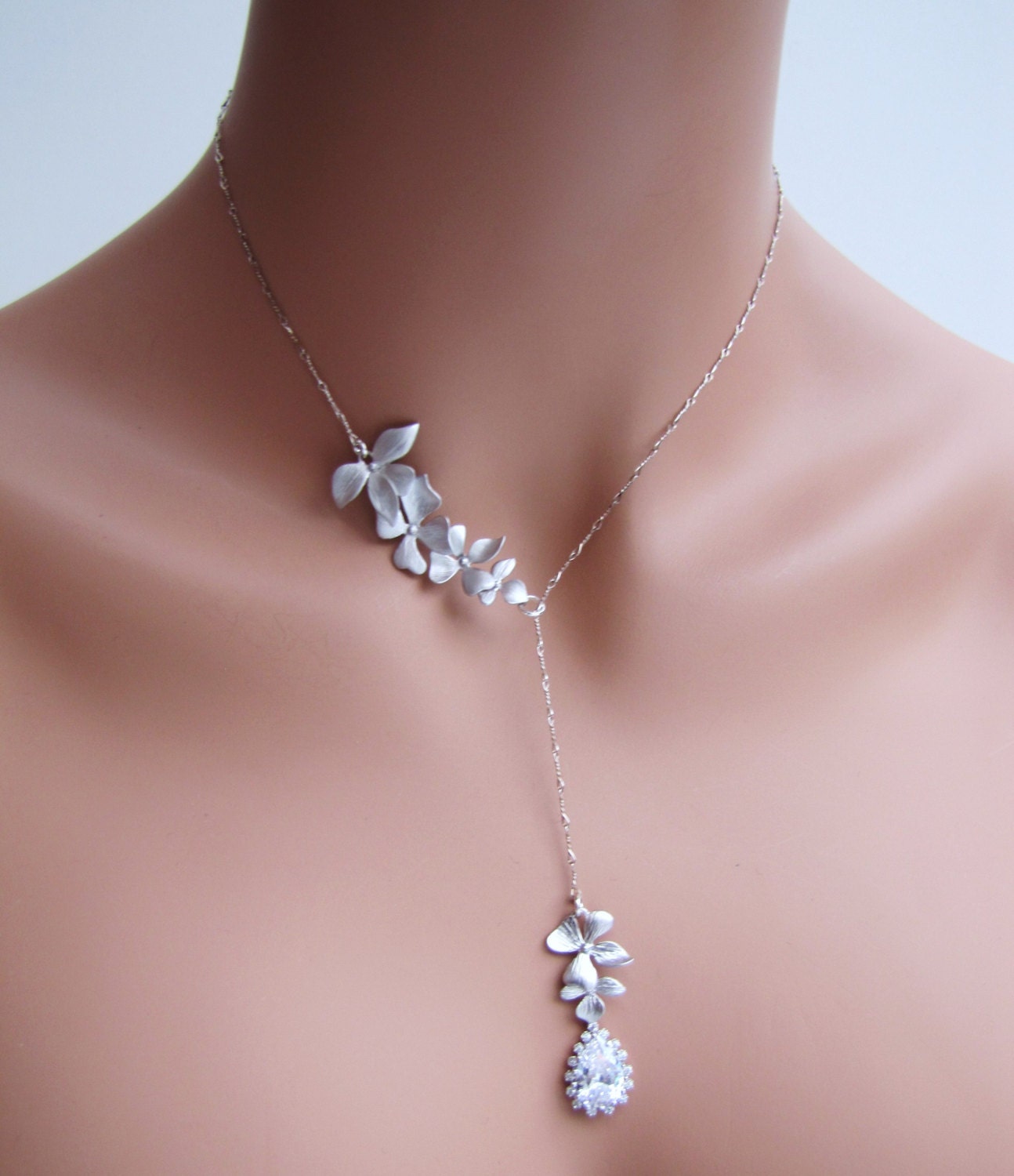 Asymmetric lariat bridal necklace, Orchid necklace, pear drop cz  chain necklace, - Wild Orchid