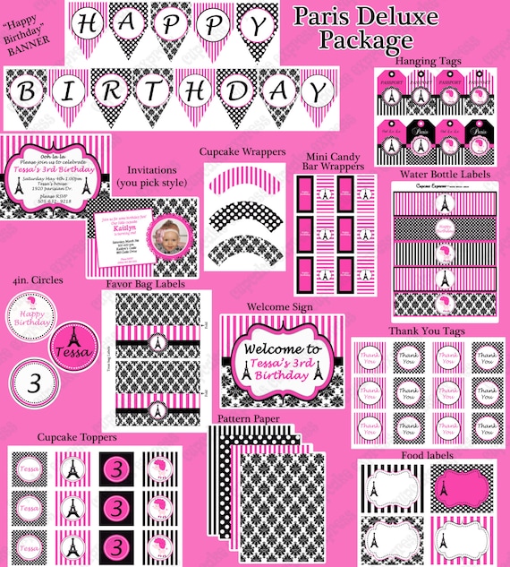 DIY Paris Hot Pink Birthday Collection PRINTABLE Party Deluxe Package pink black Il_570xn