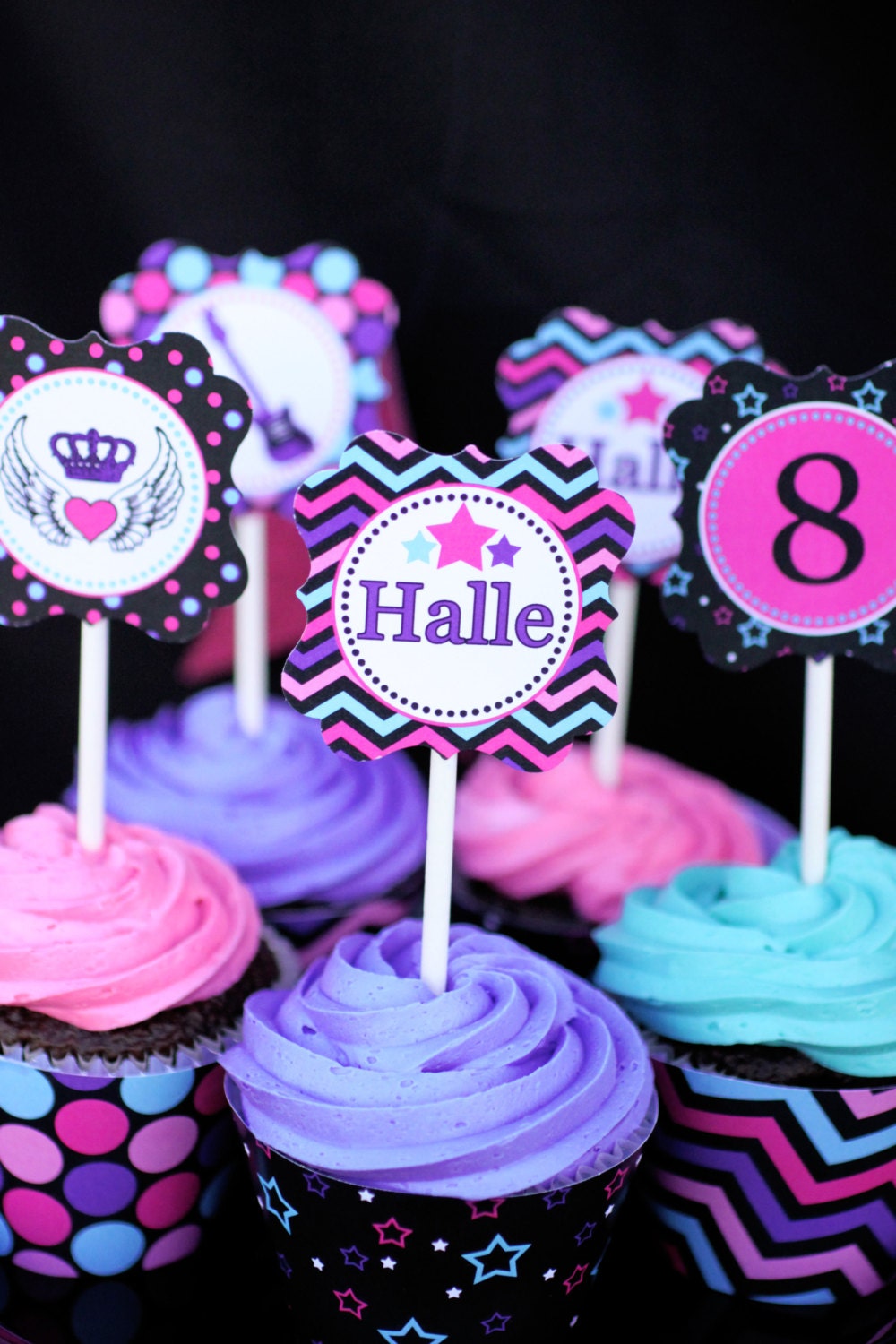 DIY Rockstar Girl Printable Party Circles 2in Cupcake Toppers Stars polka dots chevron Hot pink black teal purple rock star Il_570xn