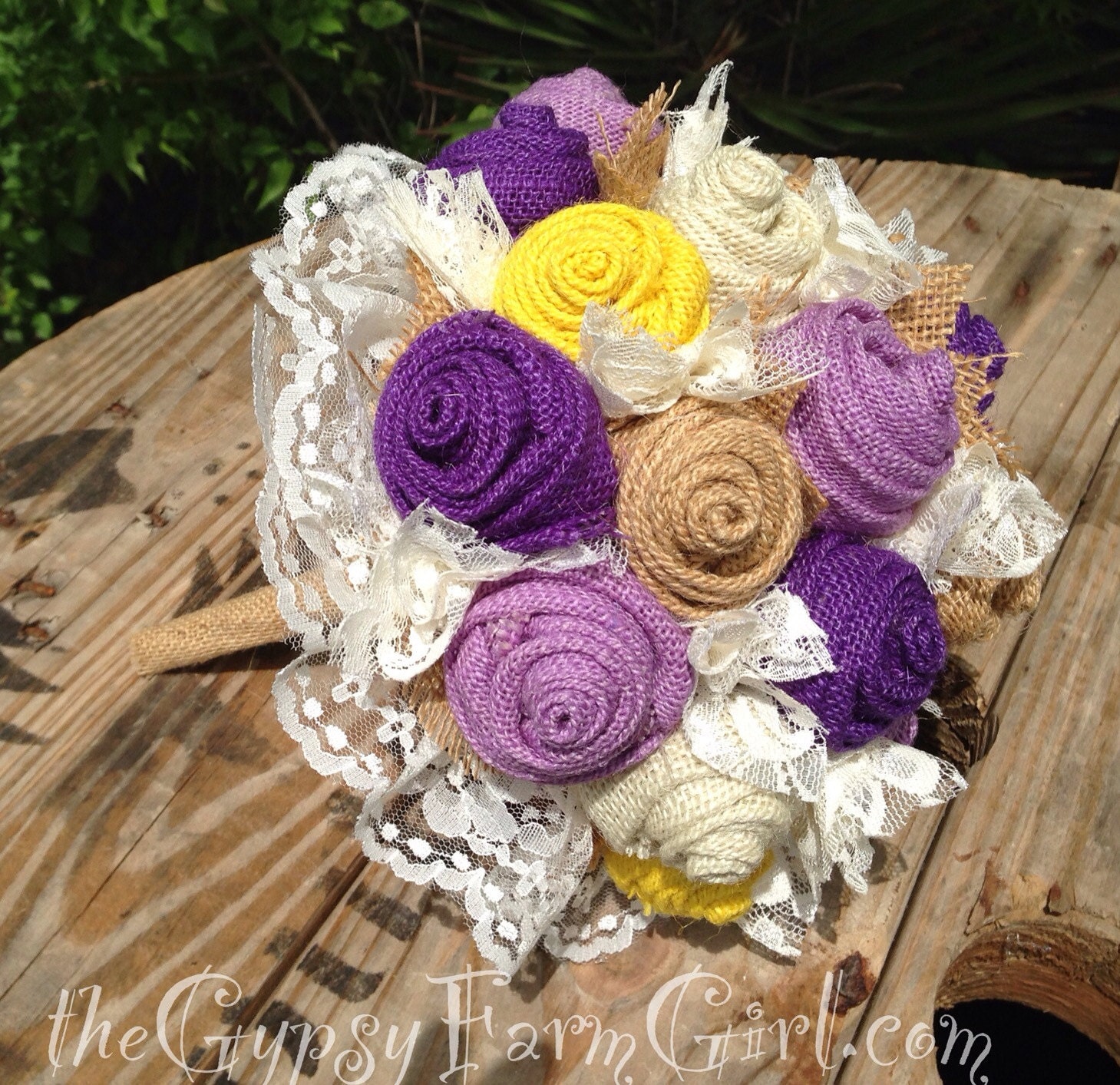 Purple, Lavender, and Yellow Burlap and Lace Wedding Bouquets for rustic, vintage, farm wedding