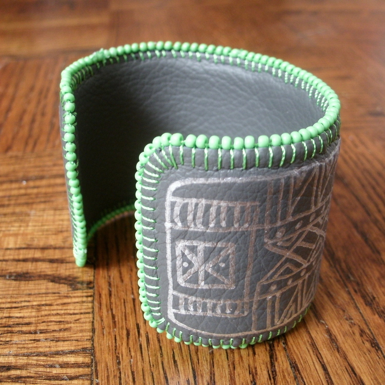Leather Cuff Bracelet - handmade leather bracelet in grey and green - boho jewelry - tribal jewelry - one of a kind
