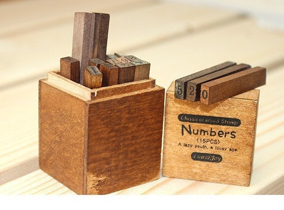 Antique Style Small Wood Mounted Rubber Stamps Set - Numbers and Symbols