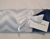 Monogrammed Chevron Minky Baby Blanket -  Navy and Light Blue Personalized - Boy