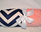 Monogrammed Minky Chevron  Baby Blanket -  Navy Blue and Coral Pink Personalized - Soft Zig Zag