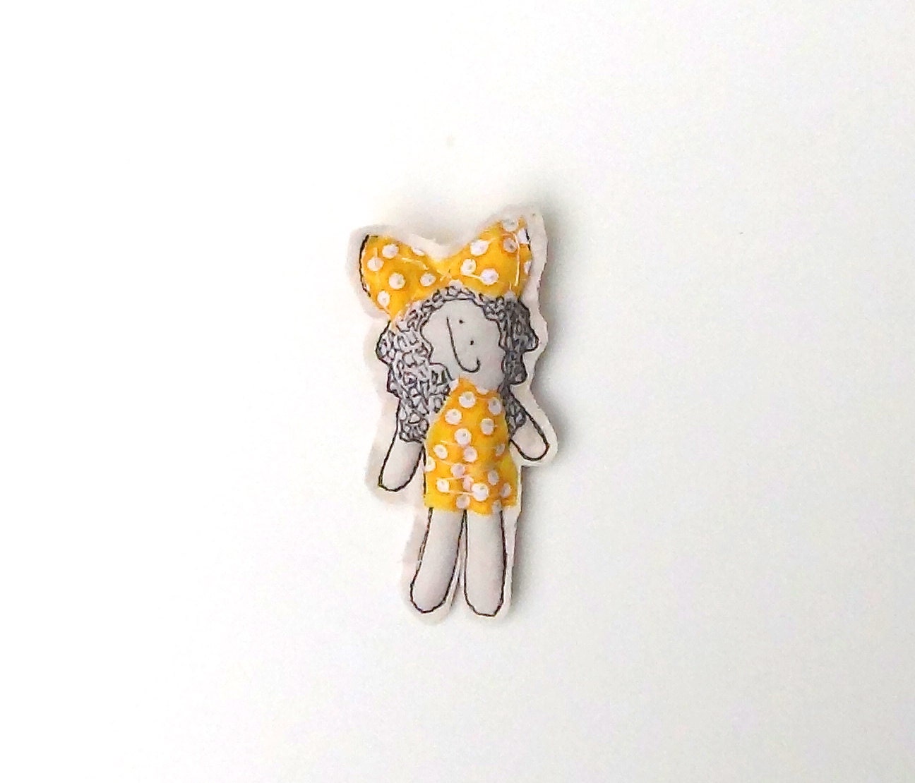 Miniature Handmade Doll Wearing Bright Yellow Polka Dots For Birthday Parties Handmade by GoHeyJudy