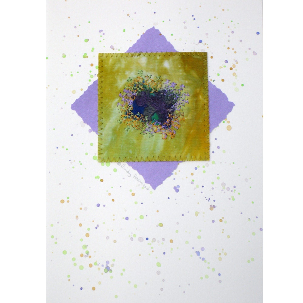 Handmade Mixed Media Greeting Card, Dark Blue, Gold, Lilac