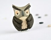 Wise Owl brooch, Handmade Woodland pin in polymer clay