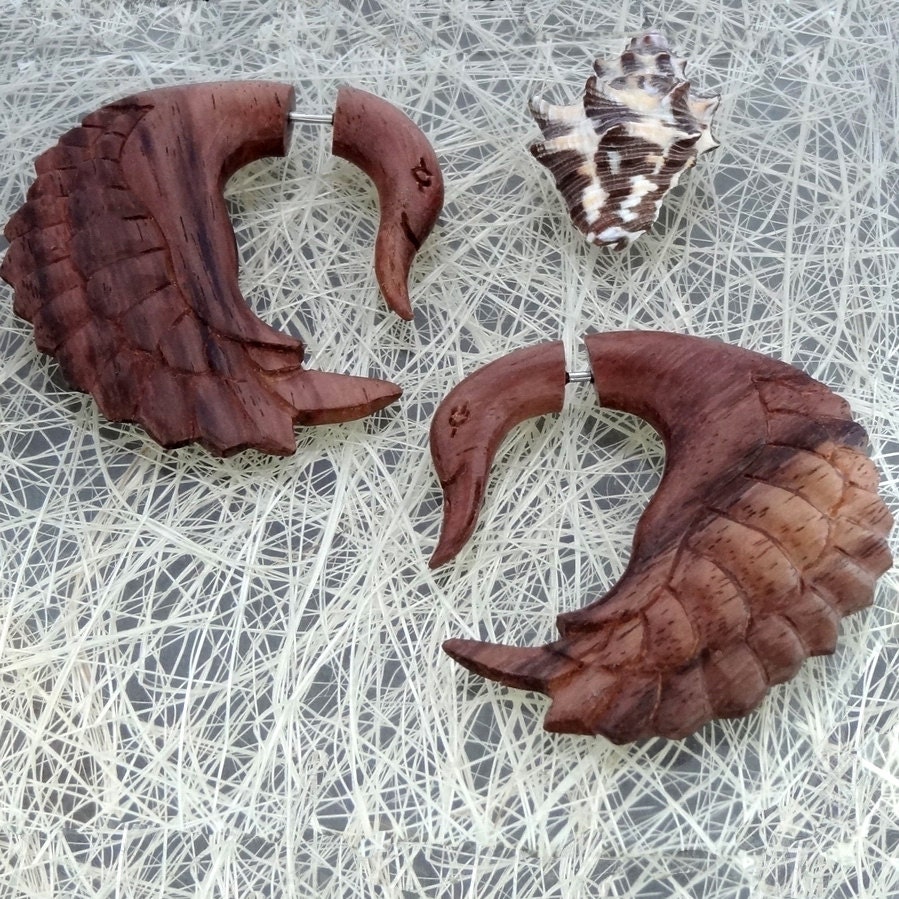 Fake Gauge Earrings -- 1 Pair Hand Carved Wood - Elegant Winged Goth Swan Circles - Hand Carved Earrings - (By Fake Gauge Organics)
