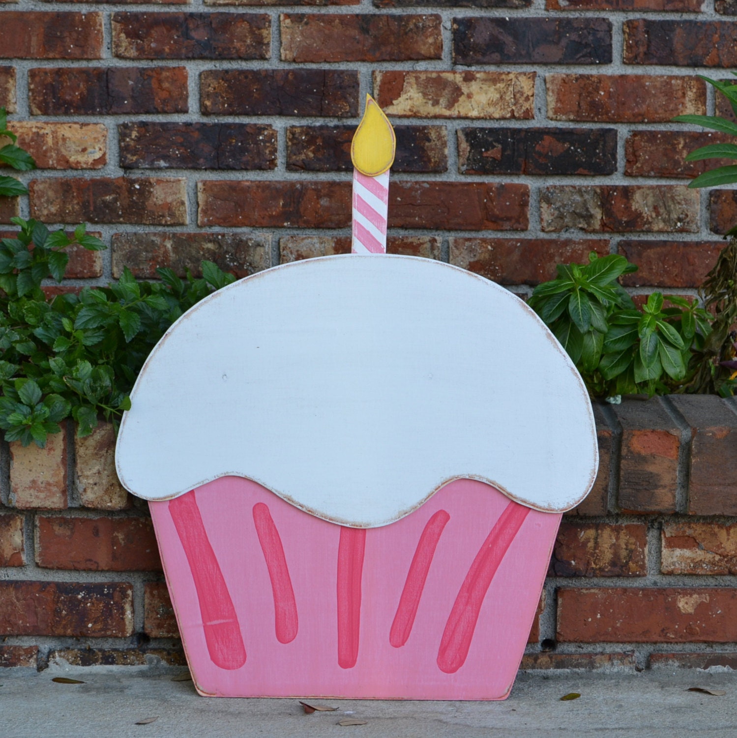 Happy Birthday Pink & Eros Pink Striped Wooden Cupcake - many colors available