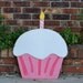 Happy Birthday Pink & Eros Pink Striped Wooden Cupcake - many colors available