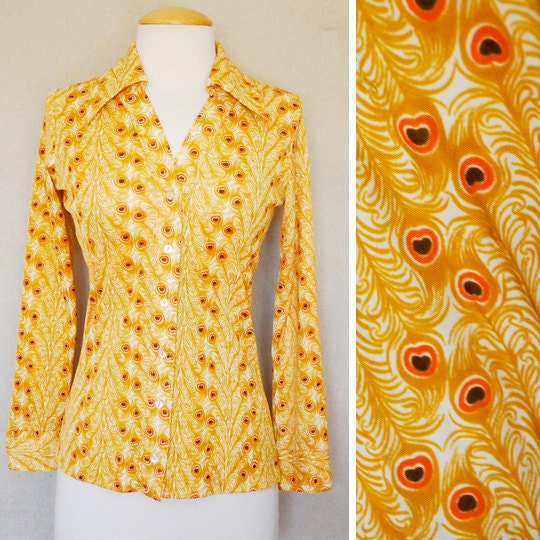 Vintage Polyester Blouse Peacock Feather Print Mustard Orange Brown 70's Original Label Small Medium