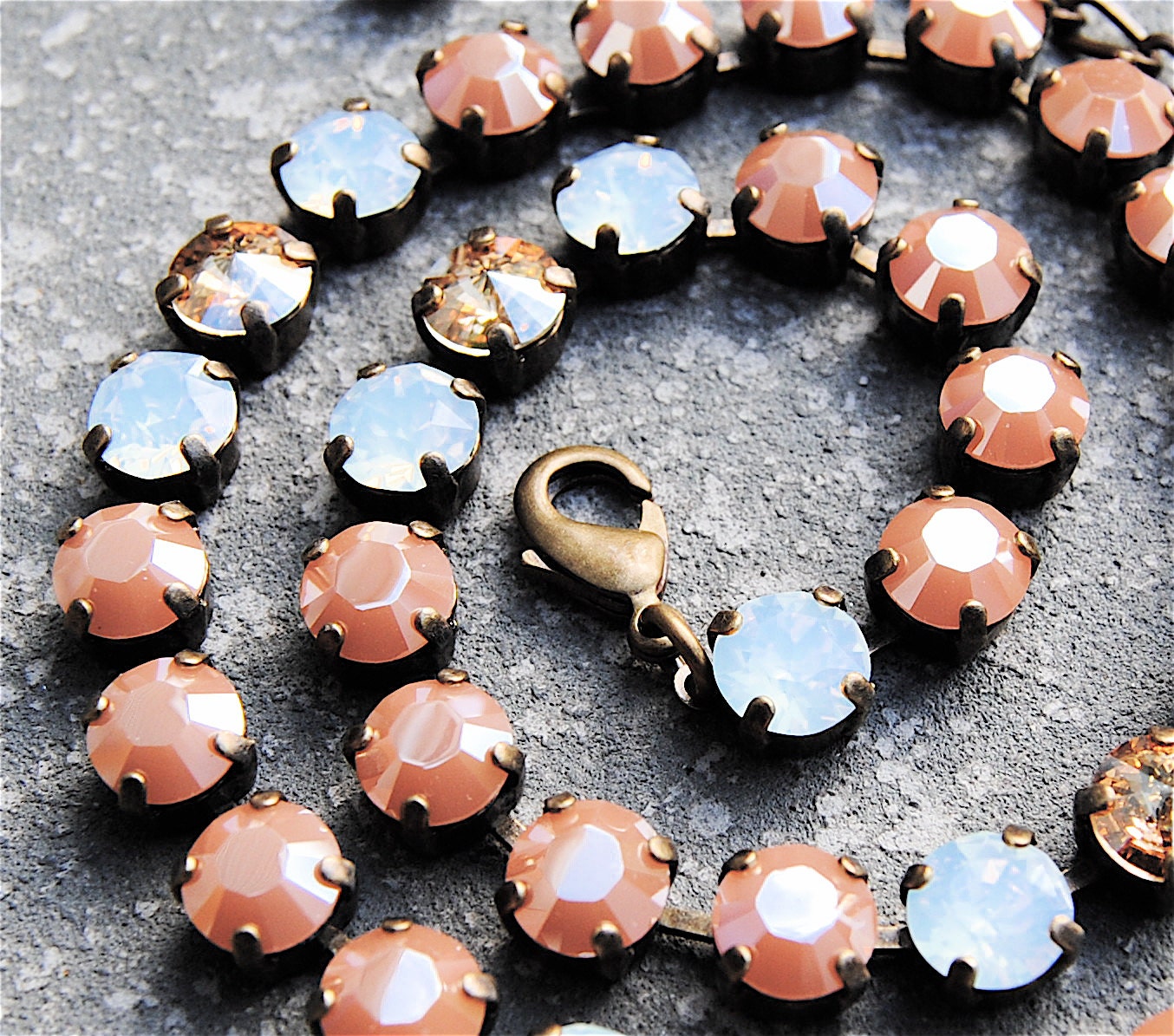 Peach Rhinestone Necklace Peach Shimmer Patent Leather Opal Champangne Swarovski Crystal Tennis Necklace