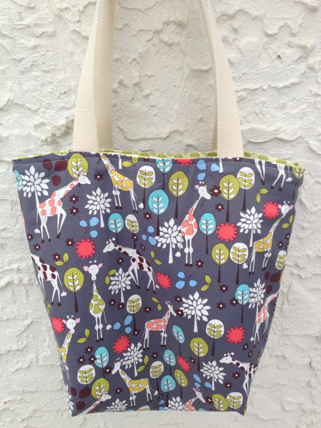Giraffe Jungle Reversible Canvas Tote Bag, Made and Ready to Ship