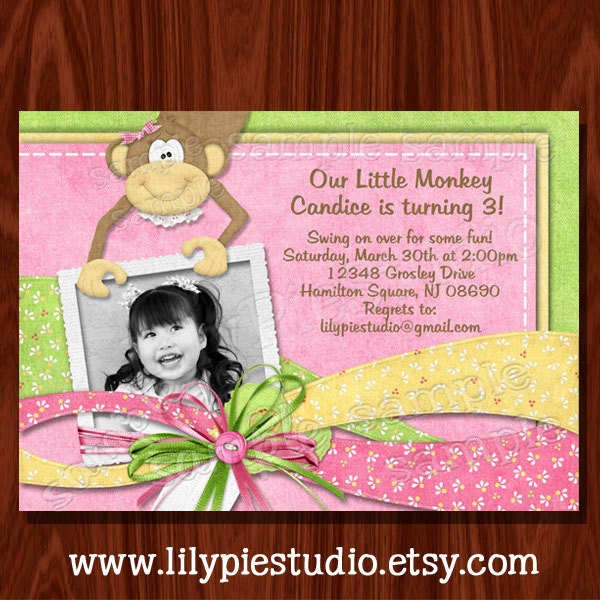 Girl Monkey Photo Birthday Invitation PRINTABLE FILE Il_570xn
