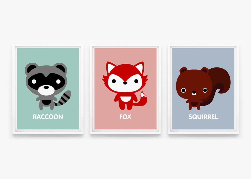 Children decor, Woodland Animals prints, Nursery wall art, Raccoon, Fox, Squirrel, Set of 3 Custom 8x10 art prints