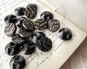 antique vintage buttons - black glass- french jet - gold details - set of 18 matching