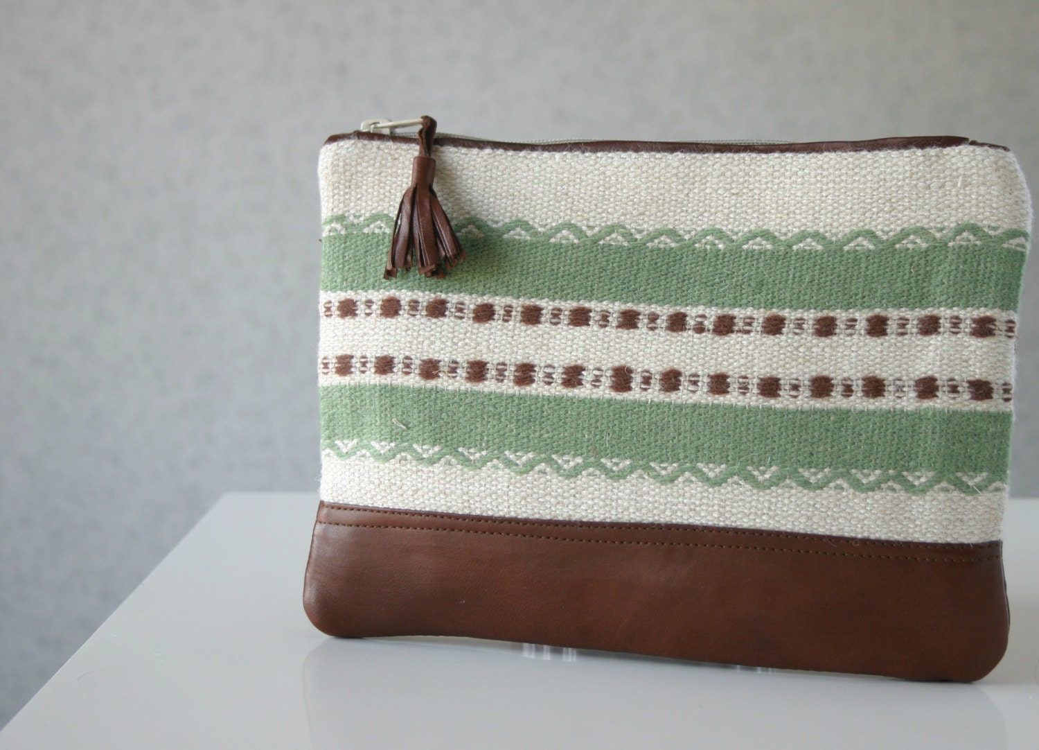 Spring Clutch Purse Leather Green stripes Cosmetic Bag