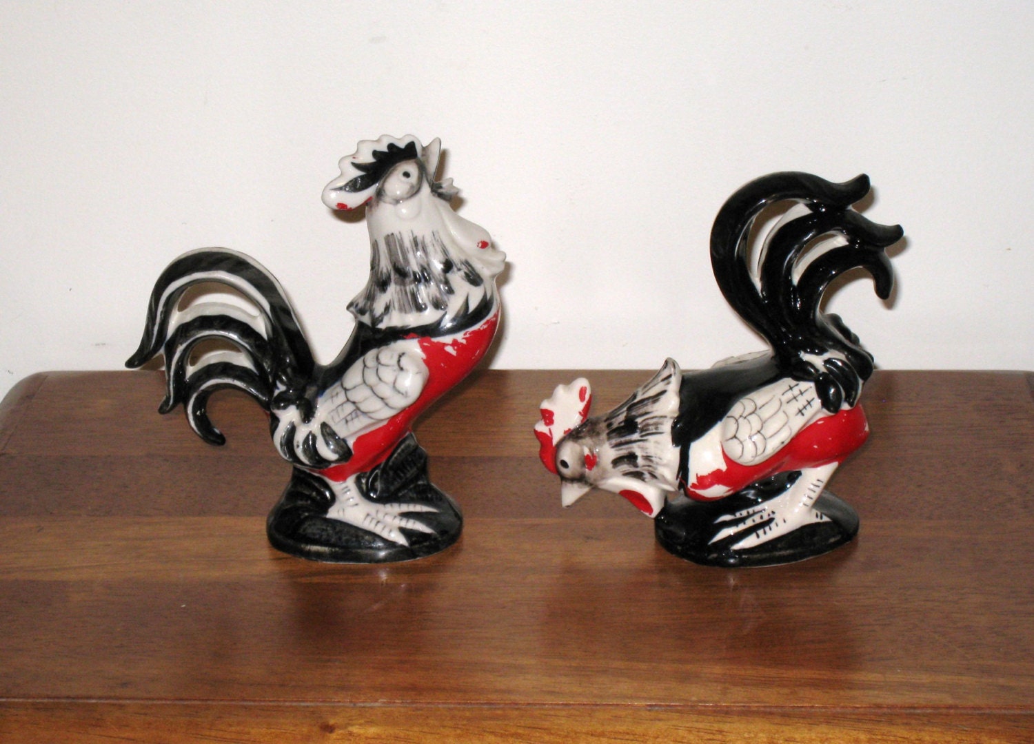 2 Large Vintage Red & Black Ceramic Rooster Figurines / Possibly Norcrest / Rustic, Shabby