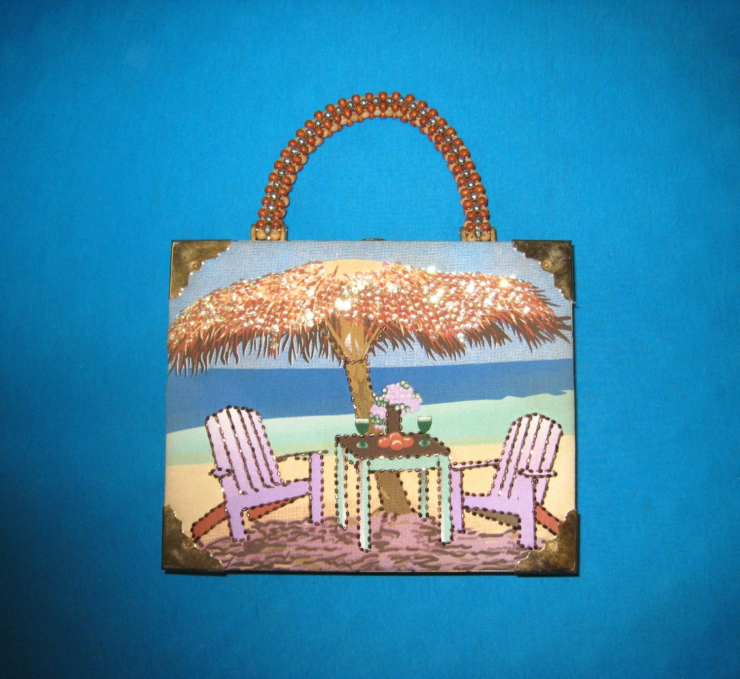 Beach Umbrella Tropical Design Handmade CIGAR BOX PURSE / Red Gingham Lining w/ Pocket / Beads & Sequins / Beaded Handle
