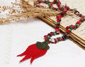 Crochet Lace Necklace Tulip Pendant in Red, Green with Emerald, Coral Bohemian Chic Hippie Boho Gypsy Ottoman Tile Motif Flower History