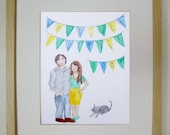 custom couple portrait with banner - personalized watercolor - original illustration