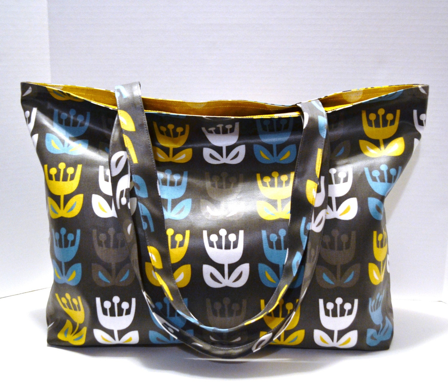 Tote Bag Market Bag Diaper Bag in Laminated Jessica Jones Outside Oslo "Tulip" and Lined in Echino Laminate "Maruco"