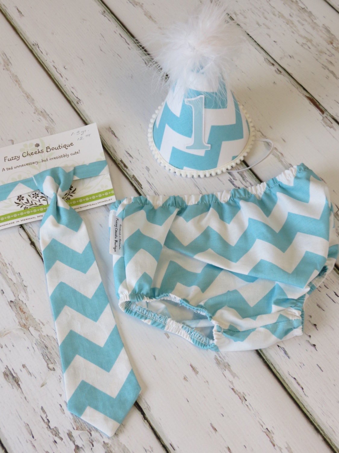 Baby boy / Toddler  First Birthday Photo Cake Smash Outfit in Turquoise White Chevron