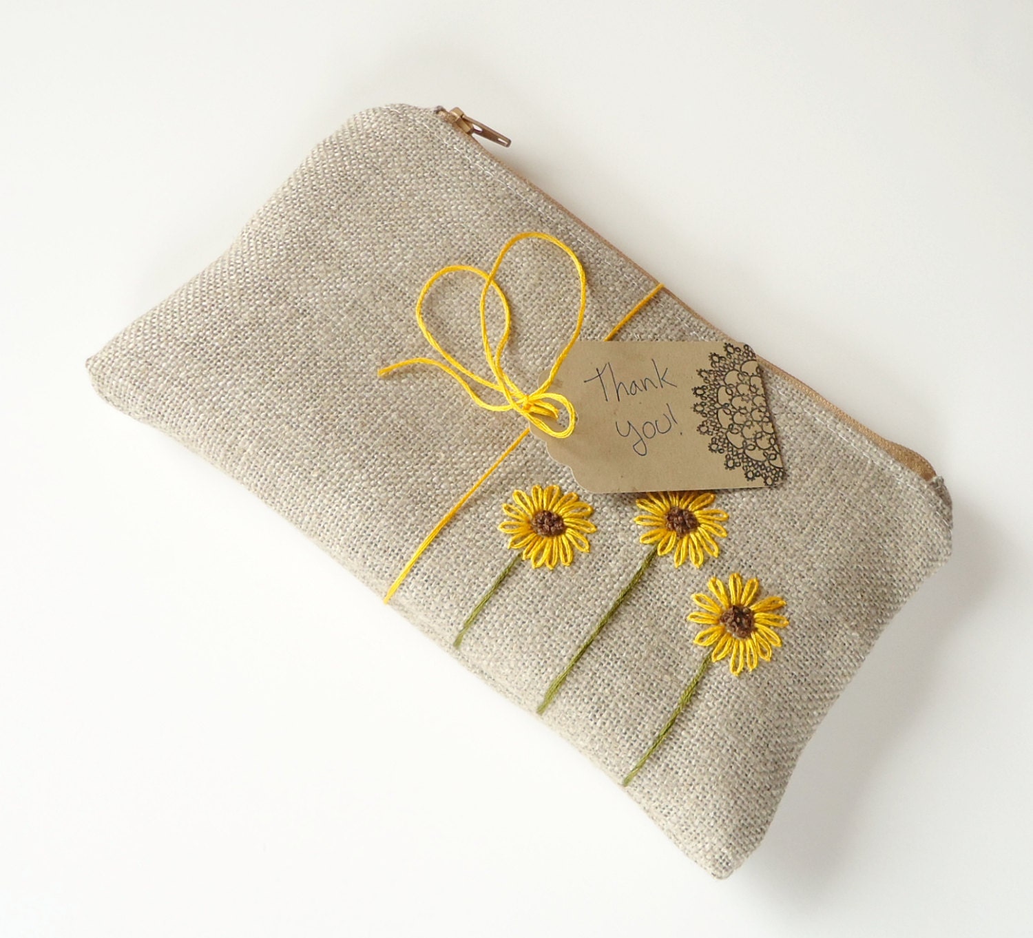 Sunflower Burlap Zipper Pouch - Hand Embroidered Rustic Clutch - Rustic Wedding - Bridesmaid Gift