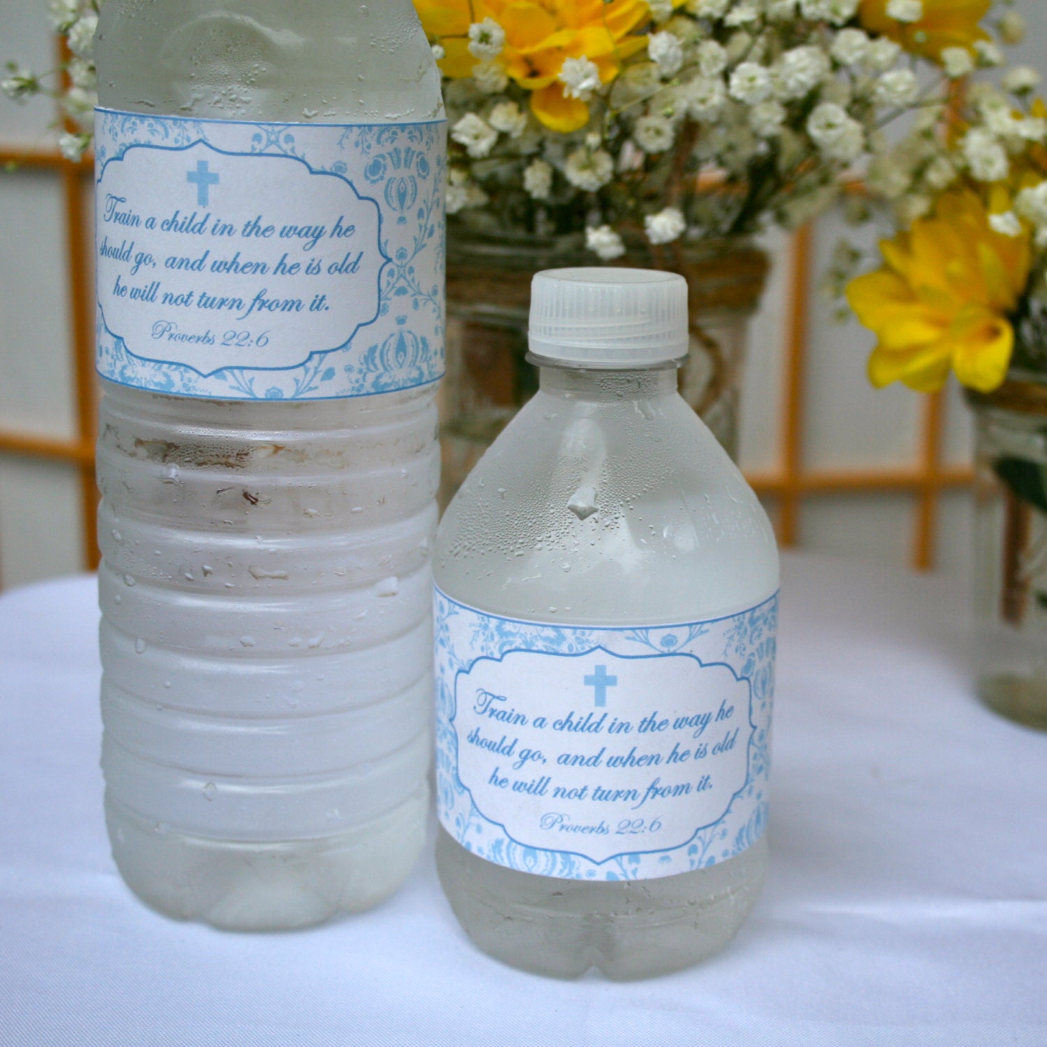 Blue Damask Baptism- water bottle wrappers- print your own