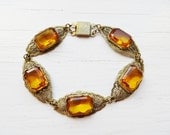 Art Deco Bracelet Gold Brass Amber Topaz Glass Filigree Vintage 1930s Art Deco Jewelry