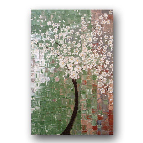 Original Painting White Cherry Blossom Painting Palette Knife Textured Painting on Canvas Impasto Tree Painting Landscape Painting 36" Day