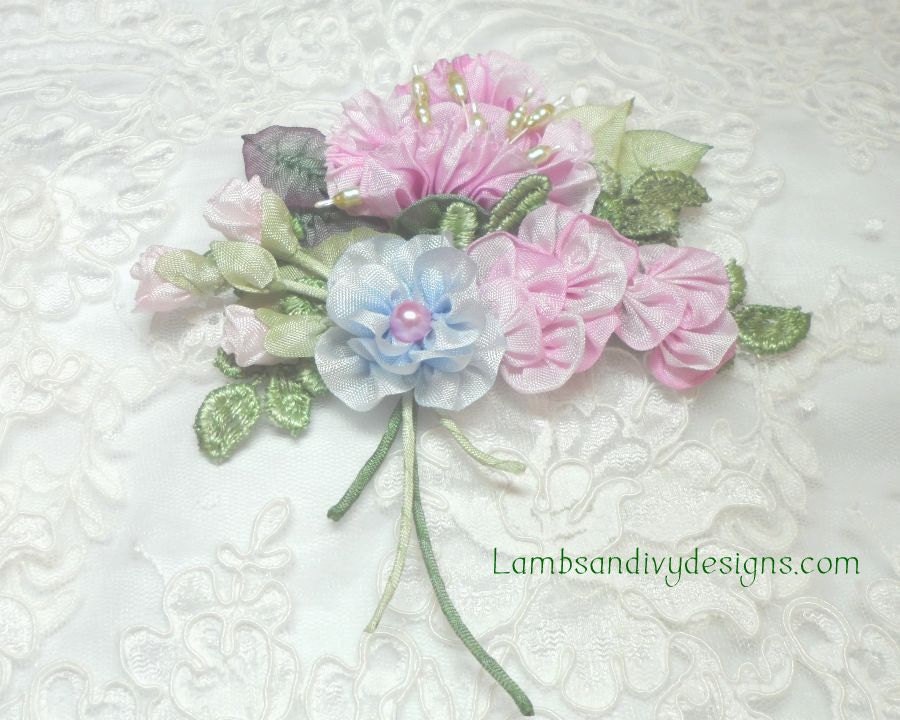 Ribbonwork Brooch Pin Pink Roses Ribbon Work Flower Bouquet Victorian