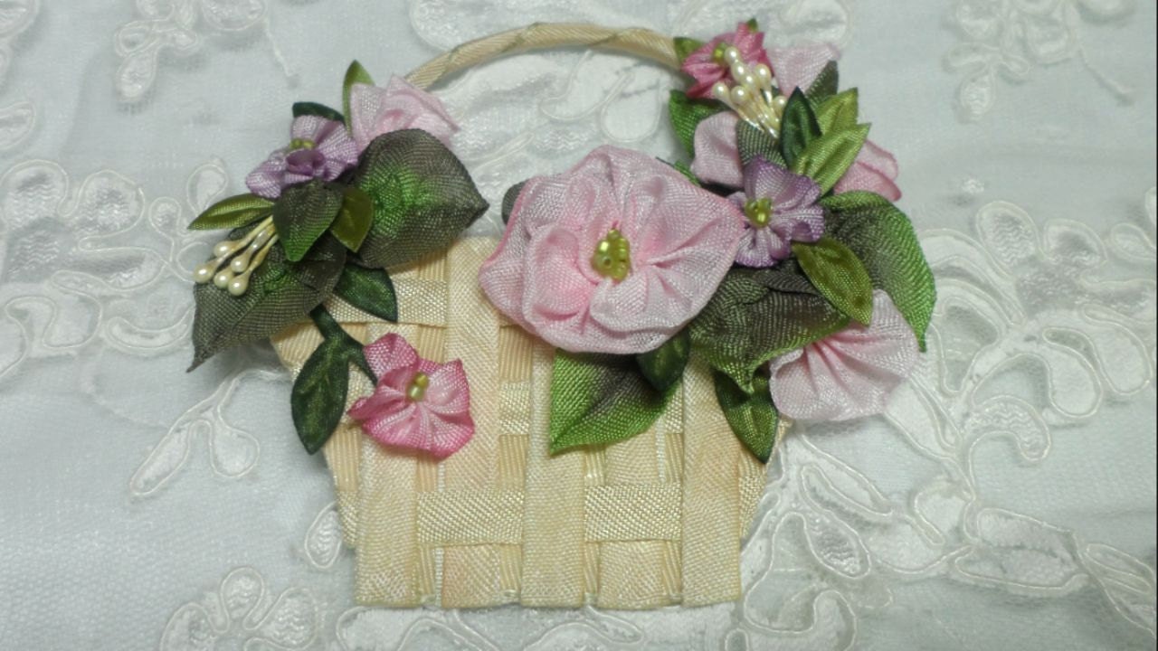 Ribbonwork Flowers Pin Brooch Flower Basket Ribbon Flowers