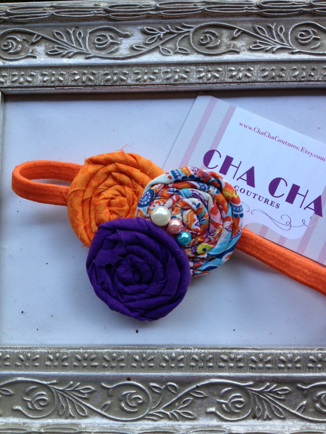 Gorgeous Posh Purple Orange and Orange Pattern pearl rosette flower Headband Baby & girls photograpy prop Bow Rosette