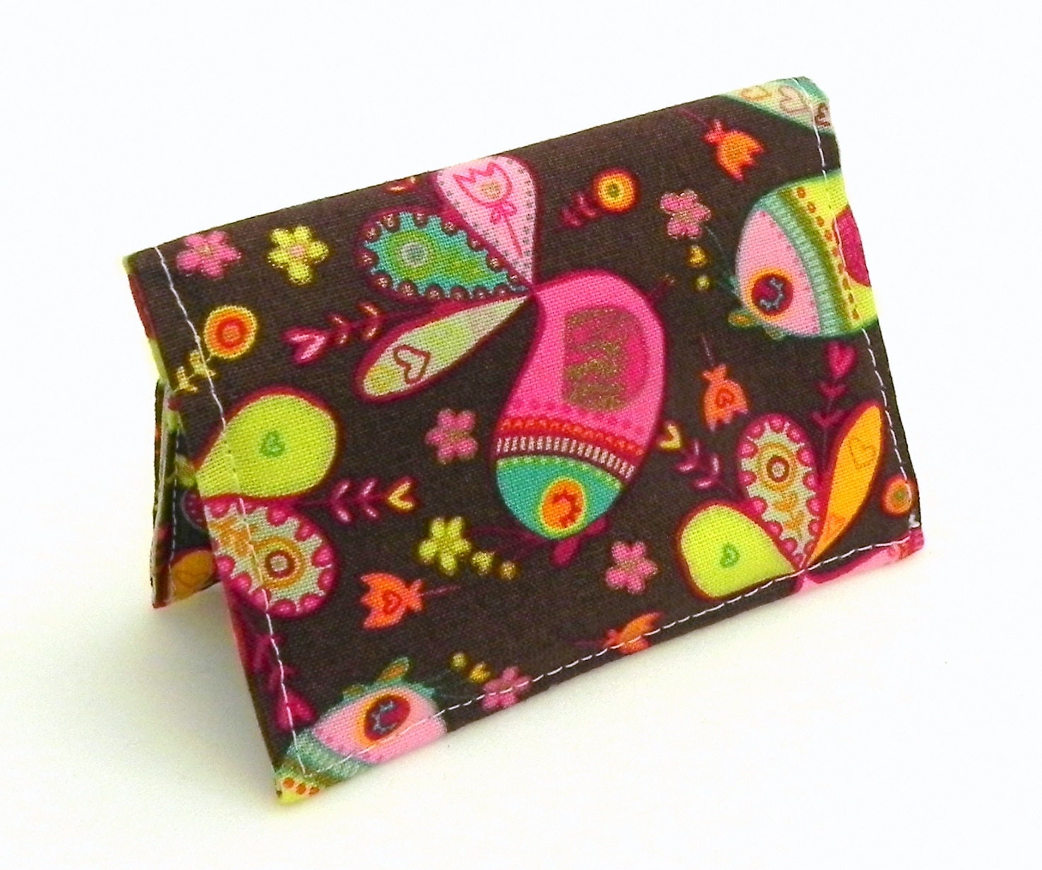 Business Card Holder - Birds and flowers in chocolate brown, orange, pink, yellow, and mint