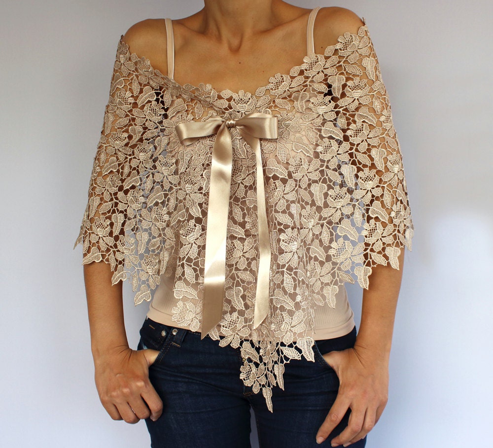 Ecru Beige Lace Capelet: Bridal Top Wear Shrug. Handmade. Unique Design