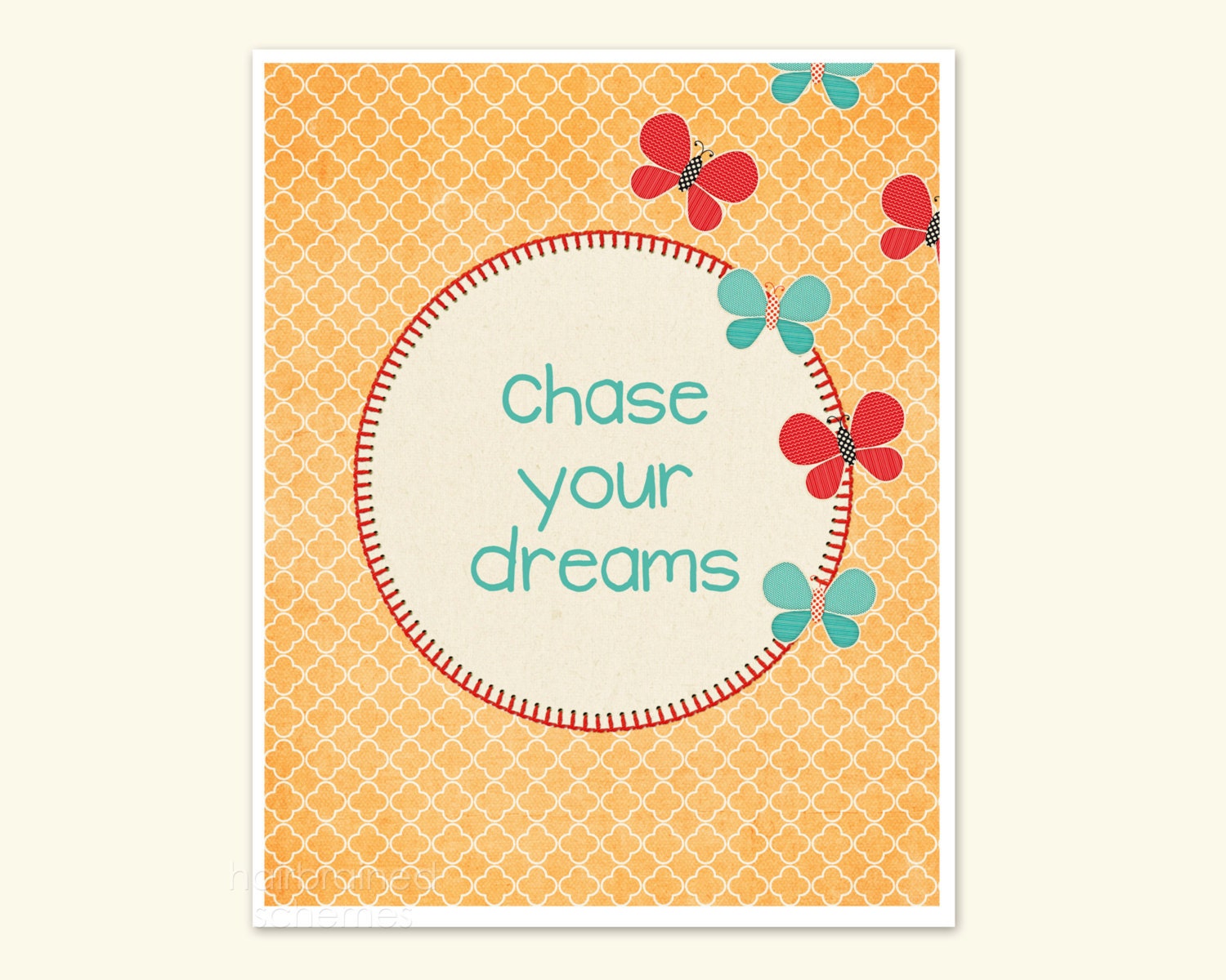 Chase Your Dreams Nursery Poster Golden Orange Little Girl Art Print Red Teal Butterflies Digital Art Print