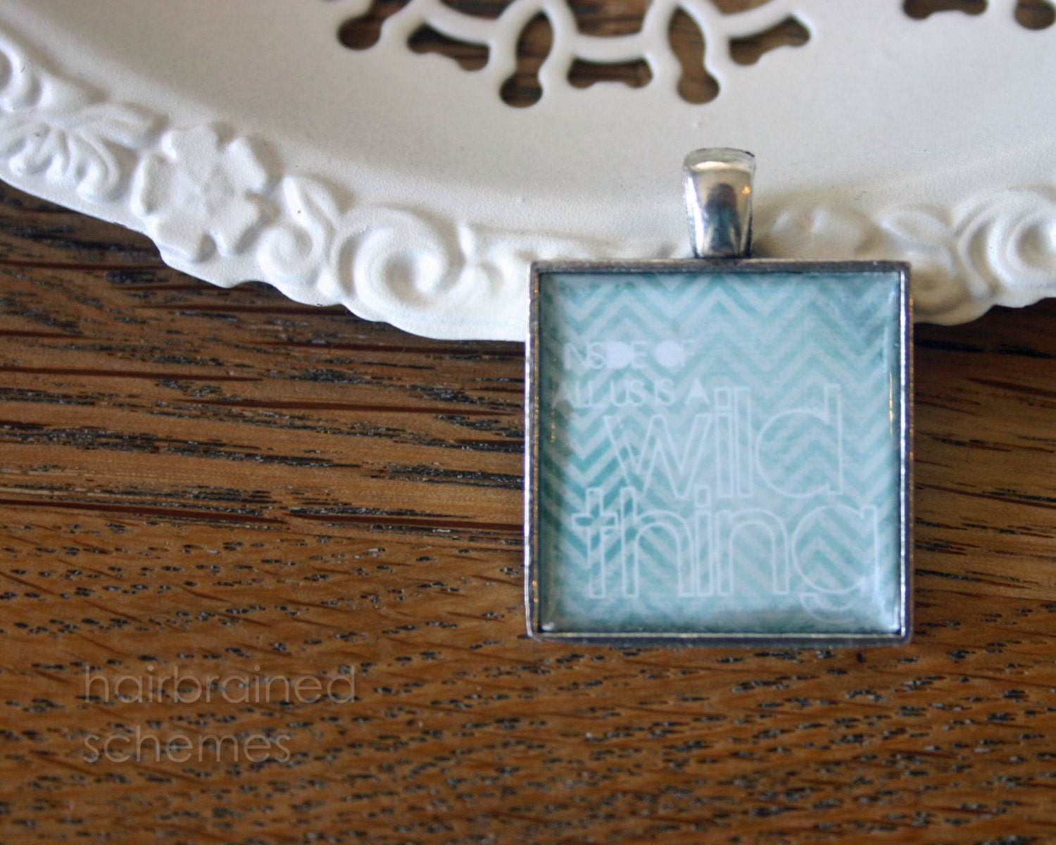 Quote Pendant - Wild Thing Art Necklace Jewelry Tribal Inspired Aqua Blue Chevron