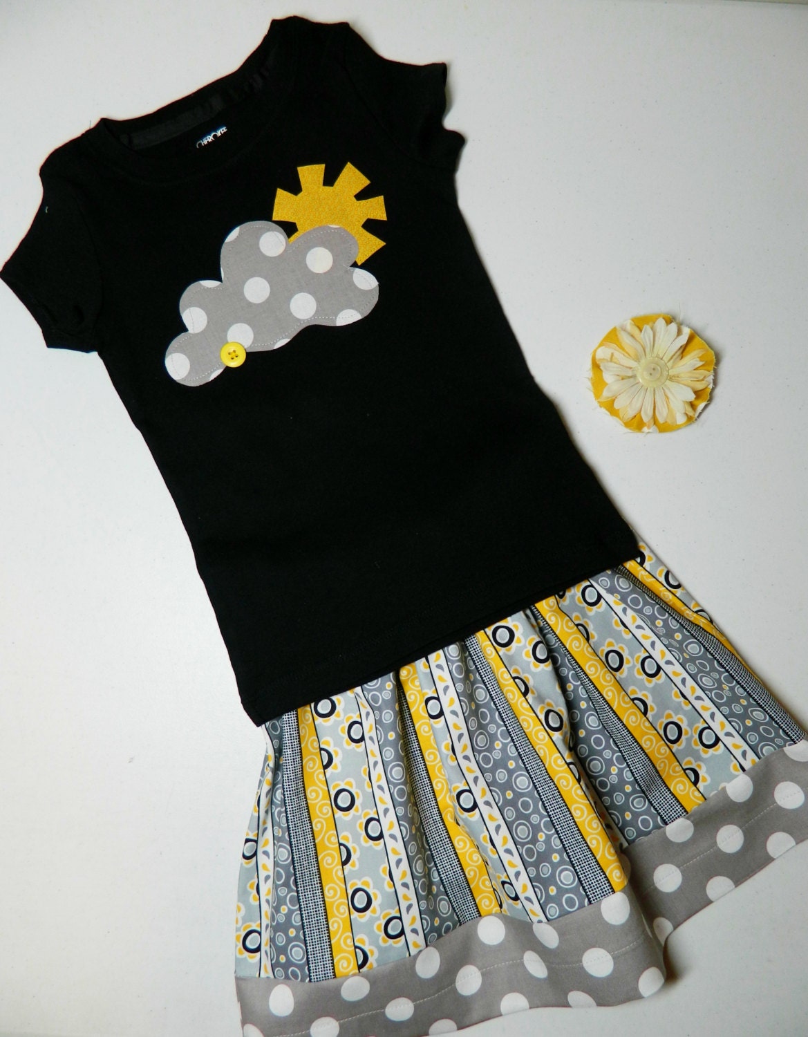 3 piece outfit - girl, toddler, gray polka dot cloud and yellow sunshine applique SHIRT, retro gold striped SKIRT, bow sizes NB - 16