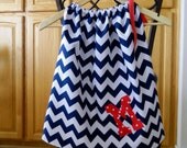 Summer girl, toddler, designer baby navy blue, white chevron pillowcase sundress personalized red initial or number NB-12 Fun birthdays