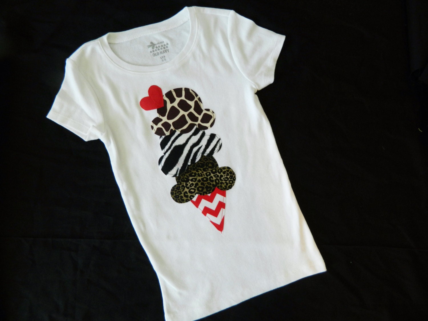 Summer zoo wild animal tipsy triple scoop ice cream cone, zebra, giraffe, leopard, cheetah with red chevron cone applique shirt - NB - 14